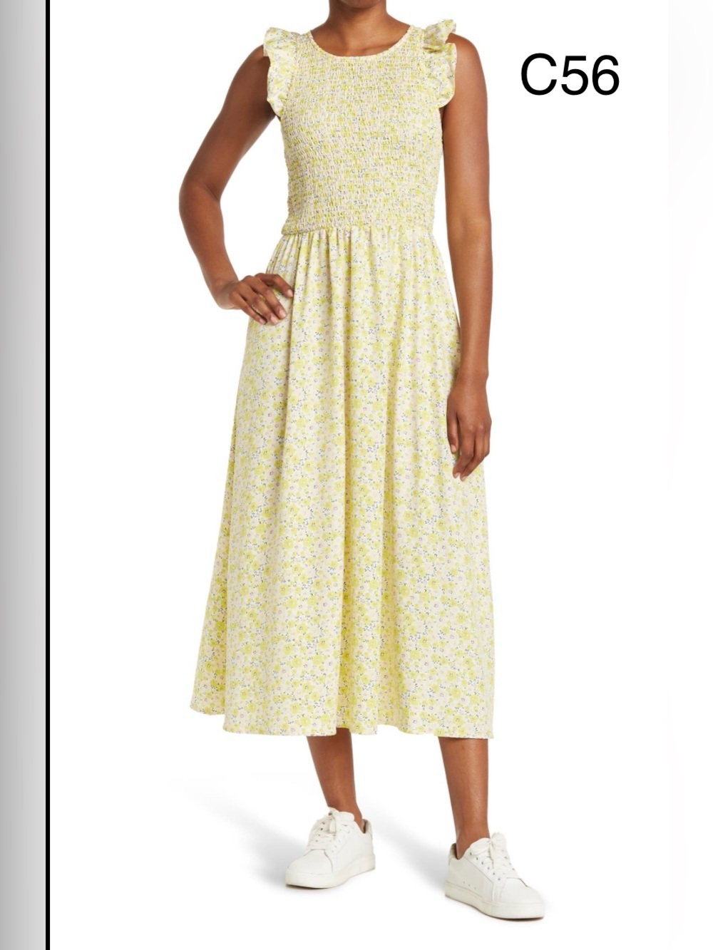 Smocked Ruffle-Shoulder Yellow Floral Midi Dress,Size Small
